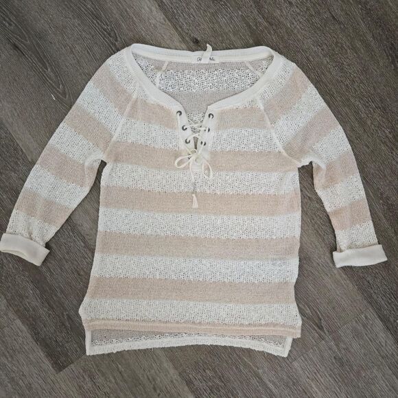 Y2K Aeropostale White Cream Striped Knit Sheer Lace Up Top Blouse - Picture 4 of 10